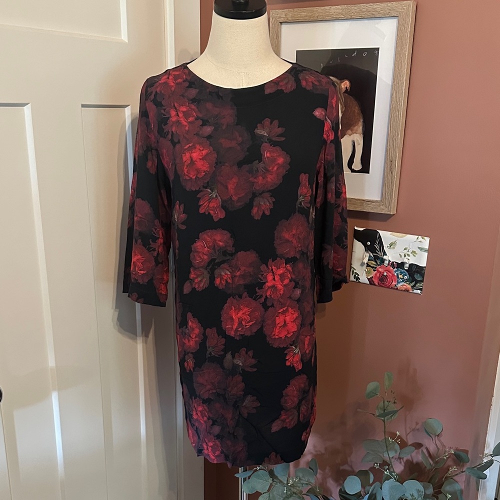 Zimmermann Racer Azalea shift Black & Red rayon mini Floral 3/4 Sleeve 0/4 dress